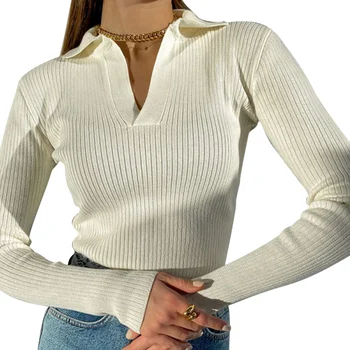 Осень 2023, женский однотонный вязаный пуловер с длинным рукавом и V-образным вырезом, топы из ребристого трикотажа, женские повседневные облегающие футболки, уличная одежда