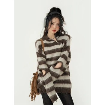Женская одежда, коричневый свитер в полоску, нерегулярный цветовой контраст, Модный Винтажный Свободный Зимний женский пуловер с длинным рукавом