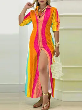 Женское платье-рубашка с модным принтом и пуговицами 2023, Весенне-летние Повседневные платья Макси с V-образным вырезом и длинным рукавом, свободное платье для вечеринок