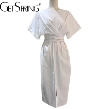Женское платье GetSpring 2023, Летнее Элегантное платье с коротким рукавом и перекрестной повязкой, с высокой талией, с разрезом, Сказочное Белое Длинное платье, Винтажное Универсальное
