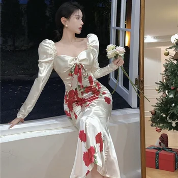 Женское винтажное платье в дворцовом стиле, весеннее Новое платье Русалки с цветочным принтом в виде розы, сексуальное облегающее элегантное женское праздничное платье-футляр