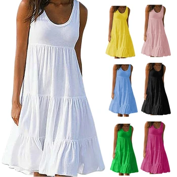 Платье для женщин 2023, модное летнее платье, повседневный праздничный мини-сарафан со свободными оборками, круглый вырез без рукавов, Пляжный костюм большого размера