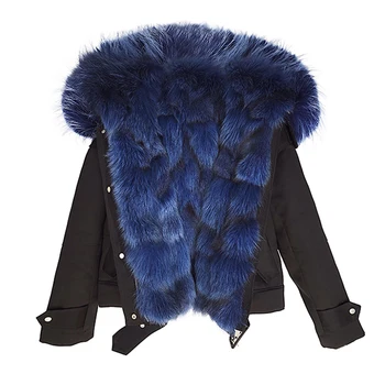 Женская зимняя короткая меховая куртка с подкладкой и воротником из натурального лисьего меха, пальто с капюшоном, толстая теплая парка, модная уличная одежда, верхняя одежда