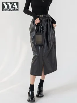 Новая офисная женская юбка-бутон, Черная искусственная кожа, высокая талия, приталенная юбка средней длины с разрезом спереди, модные Сексуальные юбки из искусственной кожи