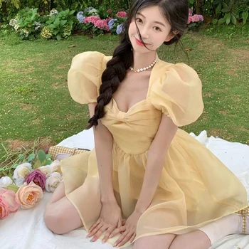 Nxpn 2023, Модная женская летняя одежда из желтого тюля, Элегантное винтажное роскошное платье, женская сексуальная одежда, Эстетическая Harajuku