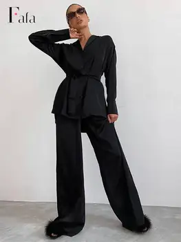 2023 Весенний Женский Черный брючный комплект из 2 предметов, Элегантная рубашка с длинным рукавом и поясом, женские повседневные свободные брюки с широкими штанинами, костюм
