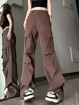 Американские ретро Уличные Черные Темно-коричневые брюки-карго с несколькими карманами Для женщин 2023 Летние Новые Свободные Прямые Модные повседневные брюки