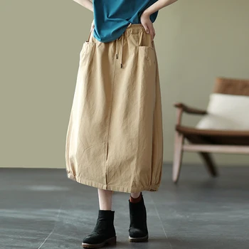 Весенняя юбка Миди с эластичной талией NINI WONDERLAND 2023, Летняя женская юбка трапециевидной формы с разрезом, однотонные хлопковые винтажные ретро-юбки