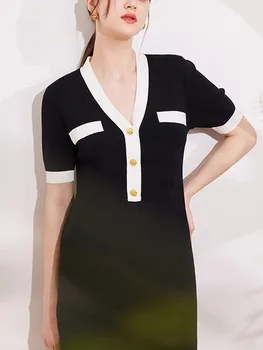 Женское короткое платье с полуоткрытыми пуговицами, новинка лета 2022, женские повседневные элегантные мини-халаты контрастного цвета с коротким рукавом и V-образным вырезом