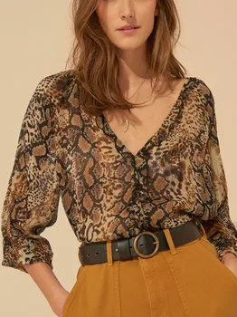 Женская рубашка с леопардовым принтом, оборки, Тонкий длинный рукав, V-образный вырез, Свободная Женская блузка в стиле ретро, Лето 2023 г.