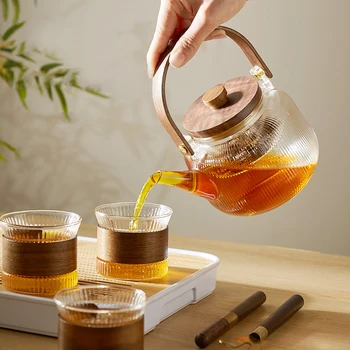 Стеклянный чайник с деревянной ручкой И деревянной крышкой, Фильтр из нержавеющей стали, Чайный сервиз для приготовления на пару, Прозрачный Стеклянный чайник