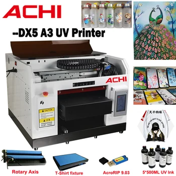 Автоматический светодиодный УФ-принтер ACHI DX5 формата А3 и поворотный держатель для бутылок с цилиндрическим 3D-вращением, деревянная футболка с тисненым принтом, фабрика по производству футболок