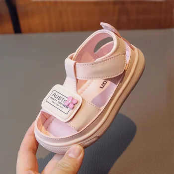 Летняя обувь с аппликацией для маленьких детей, Сандалии с обручами и петлями для девочек с открытым носком 2023, Модные пляжные сандалии 23-34