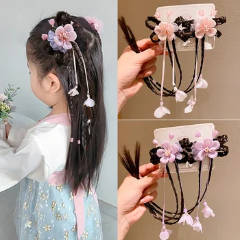 Головной убор Ханфу для девочек, парик с цветком, заколка для волос в виде косы, детский старинный стиль, супер сказочный аксессуар для волос, цветок, маленькая девочка
