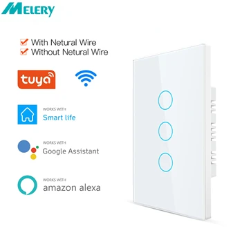 Melery Smart Wifi Сенсорный выключатель света Да / Нет Требуется Нейтральный провод 1/2/3 группы Пульт Дистанционного Управления от Alexa Dot Tuya App Google Home