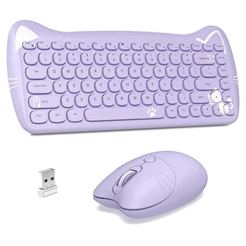 Комбинированная Беспроводная клавиатура и Мышь, 2,4 ГГц Беспроводная Ретро-клавиатура Cute Cat Keyboard Mouse Set для Настольного ПК-Ноутбука-Фиолетовый