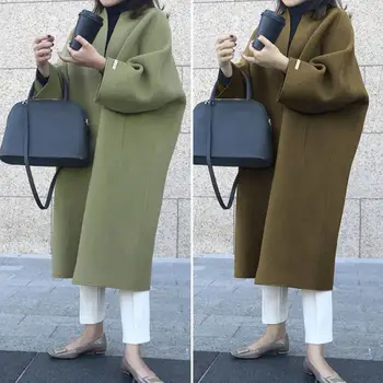 Длинная шерстяная куртка цвета Хаки, женская Винтажная зимняя куртка свободного кроя 2022 года, женская осенняя шикарная верхняя одежда Оверсайз