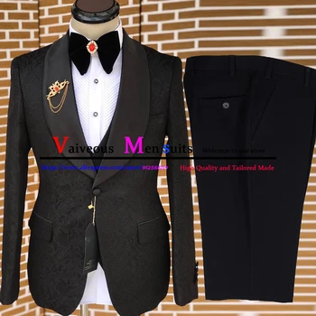 Роскошные мужские костюмы с черным цветочным узором, мужская модная куртка, жилет, брюки, приталенный мужской костюм из 3 предметов для свадьбы, официальный смокинг жениха