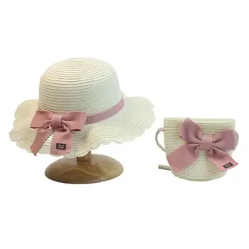 Летняя кепка для девочек с сумкой через плечо, розово-желтый бант, защита от солнца на открытом воздухе, пляжная соломенная шляпа, детские Панамы