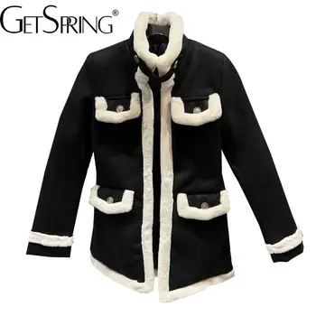 Женское пальто GetSpring 2022, осень-зима, утолщенные стеганые пальто в стиле пэчворк со стоячим воротником, винтажные универсальные черные женские куртки