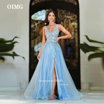 OIMG Мерцающий светло-голубой тюль, вечерние платья для выпускного вечера, 3D аппликация в виде цветов, V-образный вырез, женское вечернее платье в Дубае, платье для особых случаев
