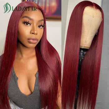 99J Бордовый прямой парик из натуральных волос на кружеве 13x4 HD, Прозрачные парики из человеческих волос на кружеве для женщин, Бразильские волосы Remy