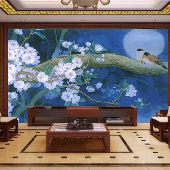 обои wellyu на заказ, 3d фрески, новые китайские синие обои с ручной росписью цветов и птиц, обои для домашнего декора, обои для обоев