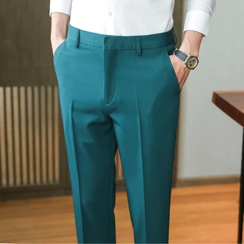 9 Цветов, Летние модные мужские костюмные брюки, однотонные деловые официальные брюки, приталенные офисные мужские Свадебные социальные брюки длиной до щиколотки
