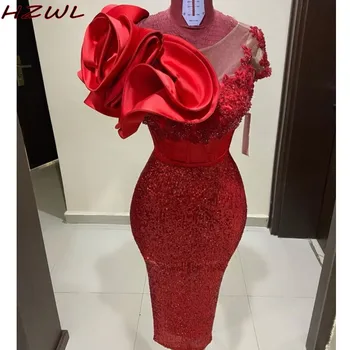 Блестящие красные платья для выпускного вечера в стиле русалки с короткими рукавами и цветами, расшитые бисером, вечерние платья чайной длины, дешевые женские vestidos de cóctel