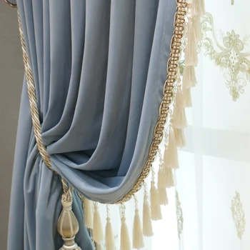 Современные европейские роскошные шторы для гостиной спальни Синий бархат с кисточками Занавес Плоский Балдахин Вышитый Тюль на заказ
