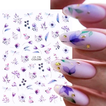 Цветы, 3D Наклейки для ногтей, Простые линии дизайна Весенней Розы, Слайдеры в виде листьев и бабочек Для ногтей, Фиолетовая наклейка для маникюра NLCA776