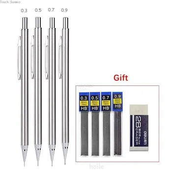 Набор механических карандашей 0,3 0,5 0,7 0,9 мм HB Цельнометаллический Автоматический карандаш для рисования эскизов с черными грифелями для заправки