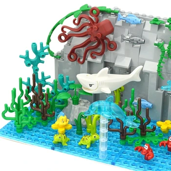 Креативный набор MOC Undersea World С животными, Осьминогом, Акулой, Рыбой, Черепахой, Крабом, строительными блоками из морских водорослей, элементами ландшафта Тропического леса.
