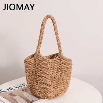 Летняя вязаная сумка JIOMAY 2023 Женская сумка для вязания крючком из хлопчатобумажных ниток, повседневная дизайнерская сумка, однотонная тканая пляжная сумка через плечо