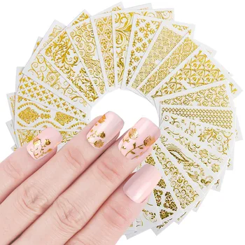 20 Шт Золотых 3D наклеек для ногтей, Полые наклейки, Смешанные дизайны, Клейкие Цветочные Наконечники для ногтей, Украшения, Салонные аксессуары