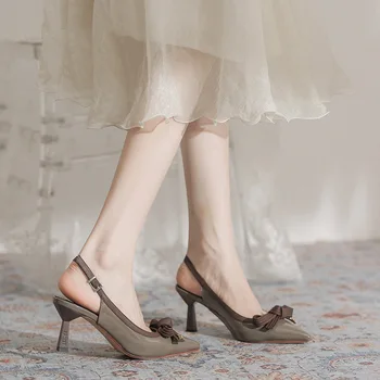 Простые синие туфли-лодочки с откидной спинкой, Летние элегантные женские туфли на высоком каблуке с острым носком, женские босоножки на тонком каблуке.