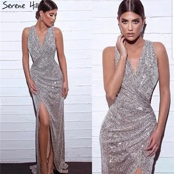 Роскошные Выпускные платья Dubai Design Серебристого Цвета С Глубоким V-образным вырезом, Длинные Сексуальные Платья Русалки С блестками Для Выпускного Вечера 2023 Serene Hill BLA70052