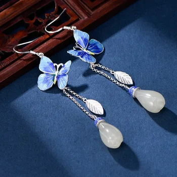 серебро 925 пробы, эмаль, кисточка, голубая бабочка, серьги для женщин, Изысканный длинный национальный стиль, натуральная хотанская нефритовая орхидея, ювелирный подарок