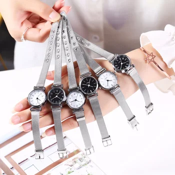 Женские классические модные часы с маленьким циферблатом, повседневные женские кварцевые часы с серебряным сетчатым поясом, Zegarek Damski