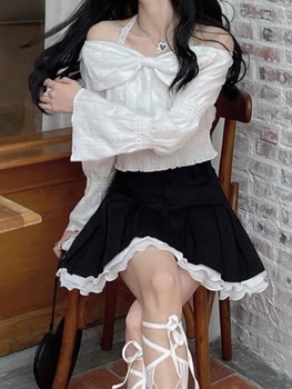 Зимняя Японская Белая Милая блузка, Женский Дизайнерский лук в стиле колледжа, топы Kawaii, Женские Шикарные топы с расклешенными рукавами и открытыми плечами 2023