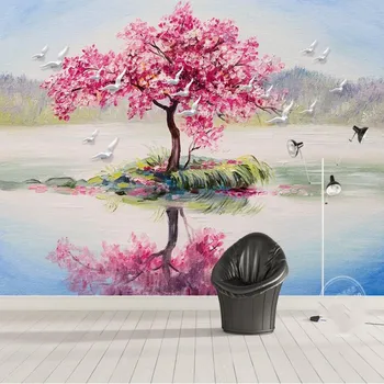 картина ножом wellyu красивое розовое дерево с рельефом, птица, фон дивана, стена, большие фресковые обои papel de parede на заказ