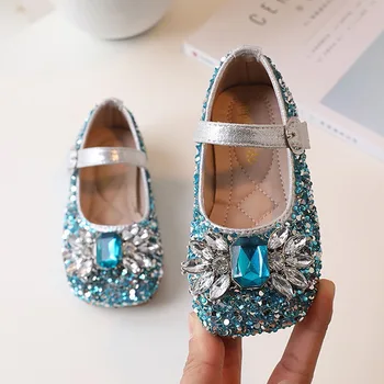 Туфли Мэри Джейнс со стразами для девочек, синие туфли принцессы с украшением в виде кристаллов, Детские Кожаные туфли с блестками 228R