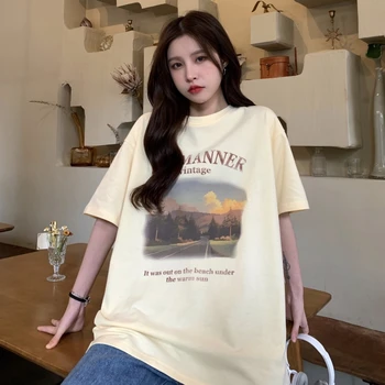 Женская корейская свободная футболка с пейзажным буквенным принтом в стиле харадзюку, Женские футболки, топы, Японская одежда Kawaii Ulzzang для женщин