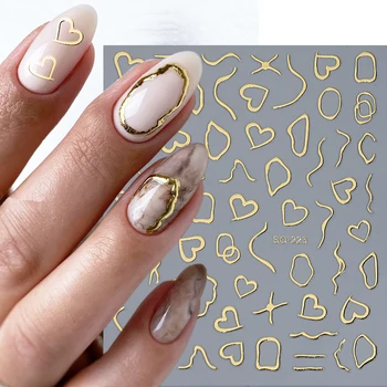 3D Голографические наклейки для ногтей в виде сердца, Ползунки в полоску, дизайн Граффити, Золотая Бронзовая рамка, наклейка для ногтей, Японский маникюр LEBSO-22