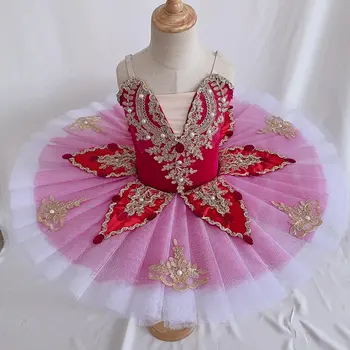Детская розово-красная балетная юбка для девочек, одежда для выступлений на сцене, балетная пачка 