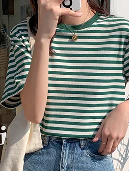 Женские винтажные футболки в полоску, топы, пуловер с круглым вырезом и коротким рукавом, футболка, Лето 2022, Новая Корейская хлопчатобумажная рубашка, Зеленый, Черный Y2K