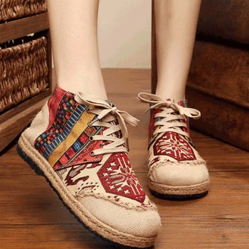 Короткие ботинки в этническом стиле, Новые старые пекинские хлопчатобумажные туфли с вышивкой из конопли, нескользящая женская обувь Chaussure Femme Confortable