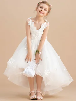 2022 Белые платья для девочек в цветочек, Тюлевые кружевные аппликации, Детское праздничное платье без рукавов с V-образным вырезом, Элегантное бальное платье для первого причастия