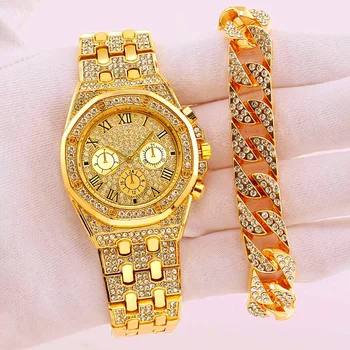 Мужские часы Tuhao Gold Cuba в стиле хип-хоп, набор браслетов для часов с тремя глазами, мужские часы уличной моды, кварцевые часы, наручные часы