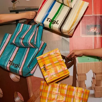 Винтажная сумка-Тоут Женская 2023 Новая Плетеная сумка из ПВХ, Повседневная Полосатая Клетчатая сумка Большой Емкости, Сумка-шоппер Mori Girl